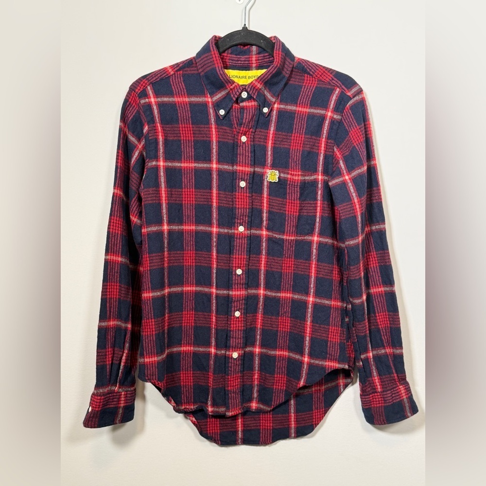 Billionaire Boys Club Plaid Flannel Shirt Large Red Navy Bee Patch